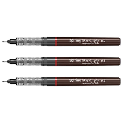 Rotring | Tikky | Graphic Fineliner | Black Pigment Lightfast | 0.2mm 0.3mm 0.5mm | 3 Pen Set