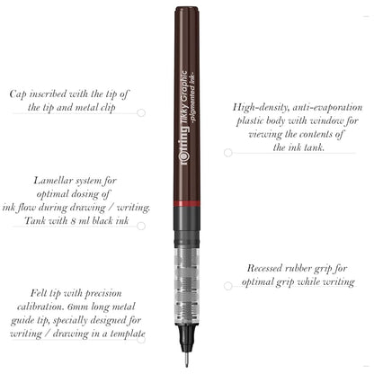Rotring | Tikky | Graphic Fineliner | Black Pigment Lightfast | 0.2mm 0.3mm | 6 Pen Set | 3 Each