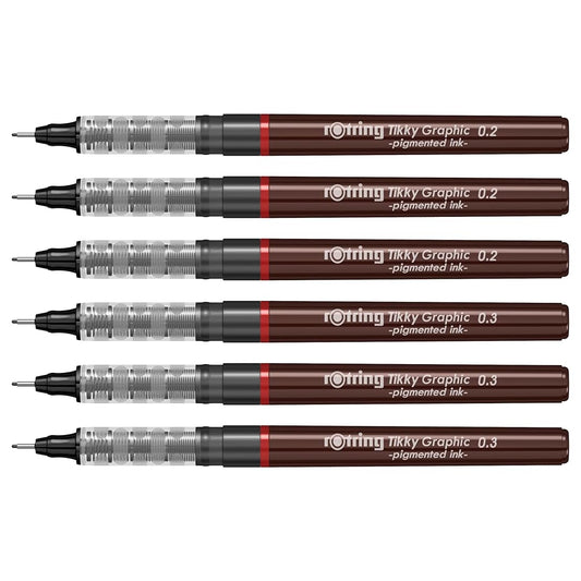Rotring | Tikky | Graphic Fineliner | Black Pigment Lightfast | 0.2mm 0.3mm | 6 Pen Set | 3 Each
